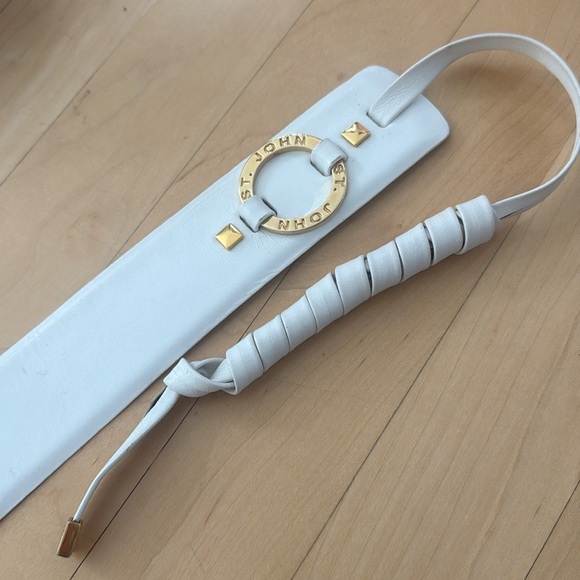 St. John White leather belt with Gold Circular accents
